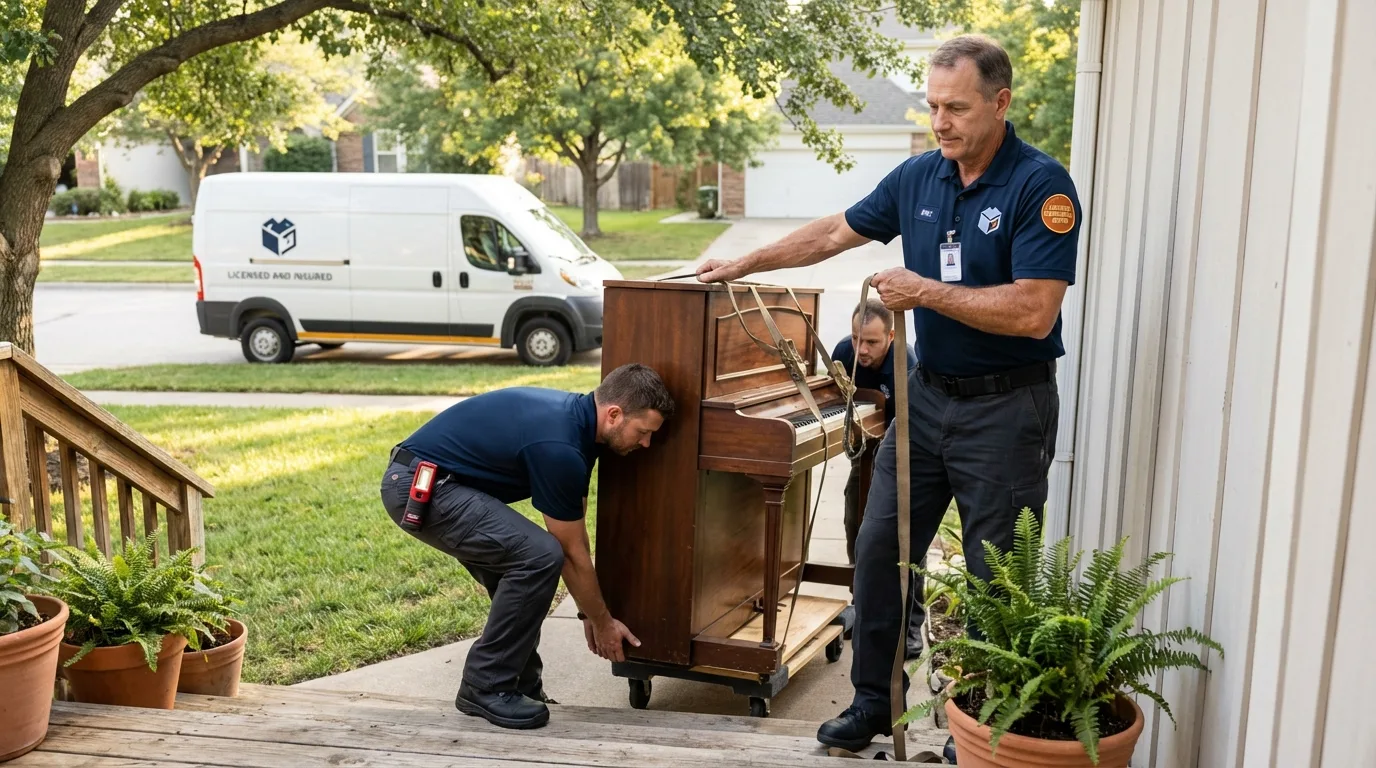 Licensed piano movers securing grand piano in Los Indios, TX