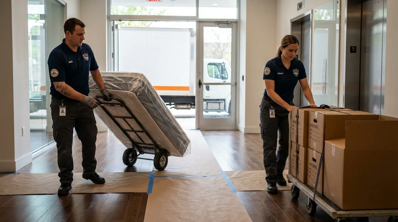 Professional apartment movers loading elevator in Los Indios, TX