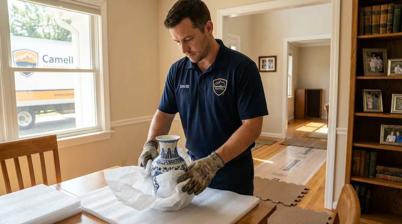 Professional crew carefully wrapping antique vase for senior downsizing move in Los Indios, TX